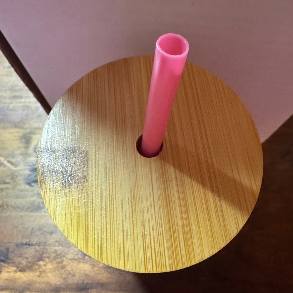 Pink Ribbed Glass Tumbler with Straw - Picture 2 of 4